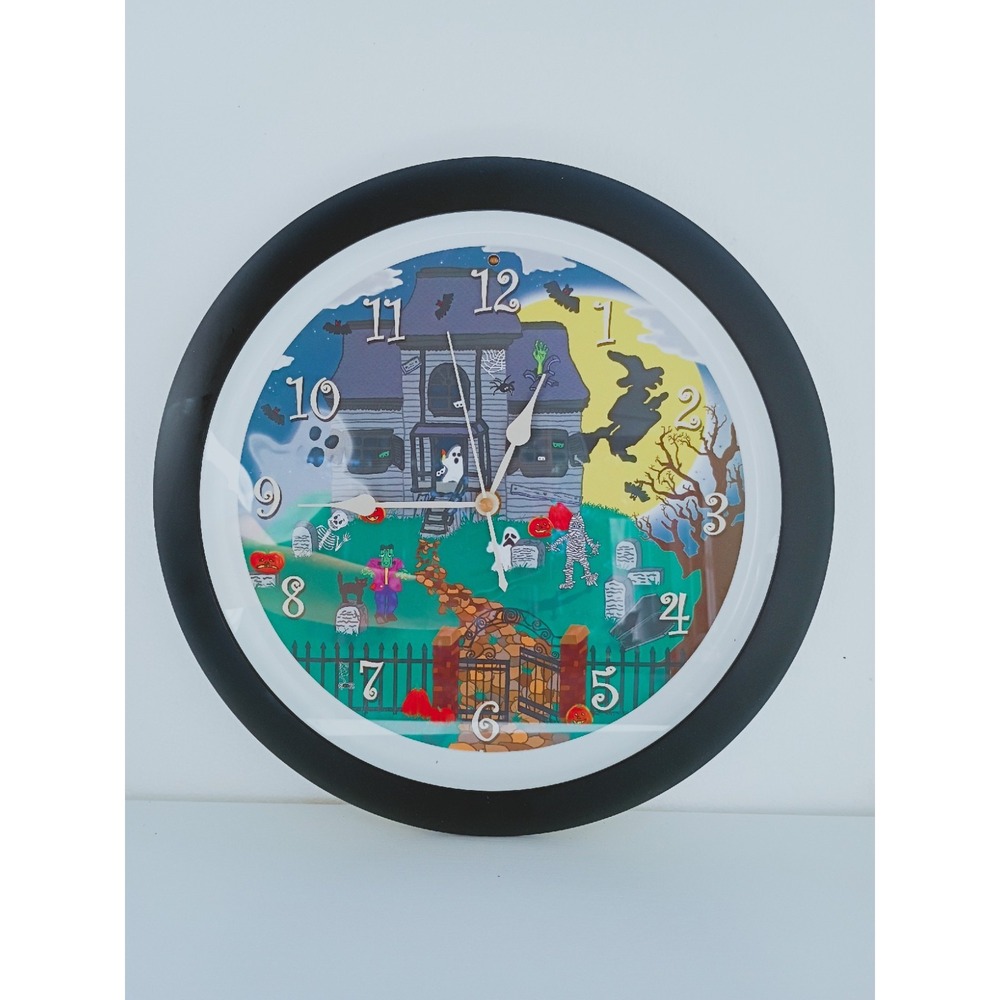 Feldstein Halloween Wall Clock 13"  Six Scary Sound Effects Spooky Tested WORKS